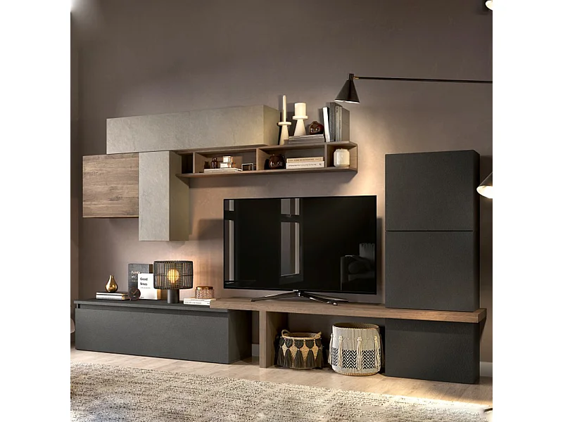 Parete attrezzata elegante 280x202 cm argilla, grafite e noce PAL62