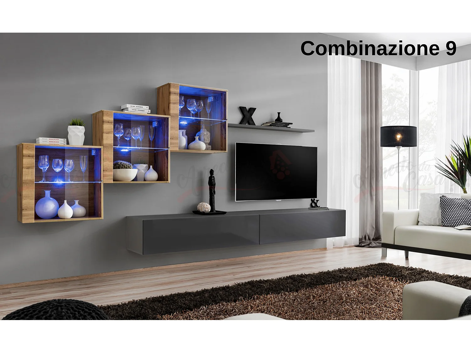 Parete attrezzata sospesa design contemporaneo con led 330x160 rovere e grigio PAP65