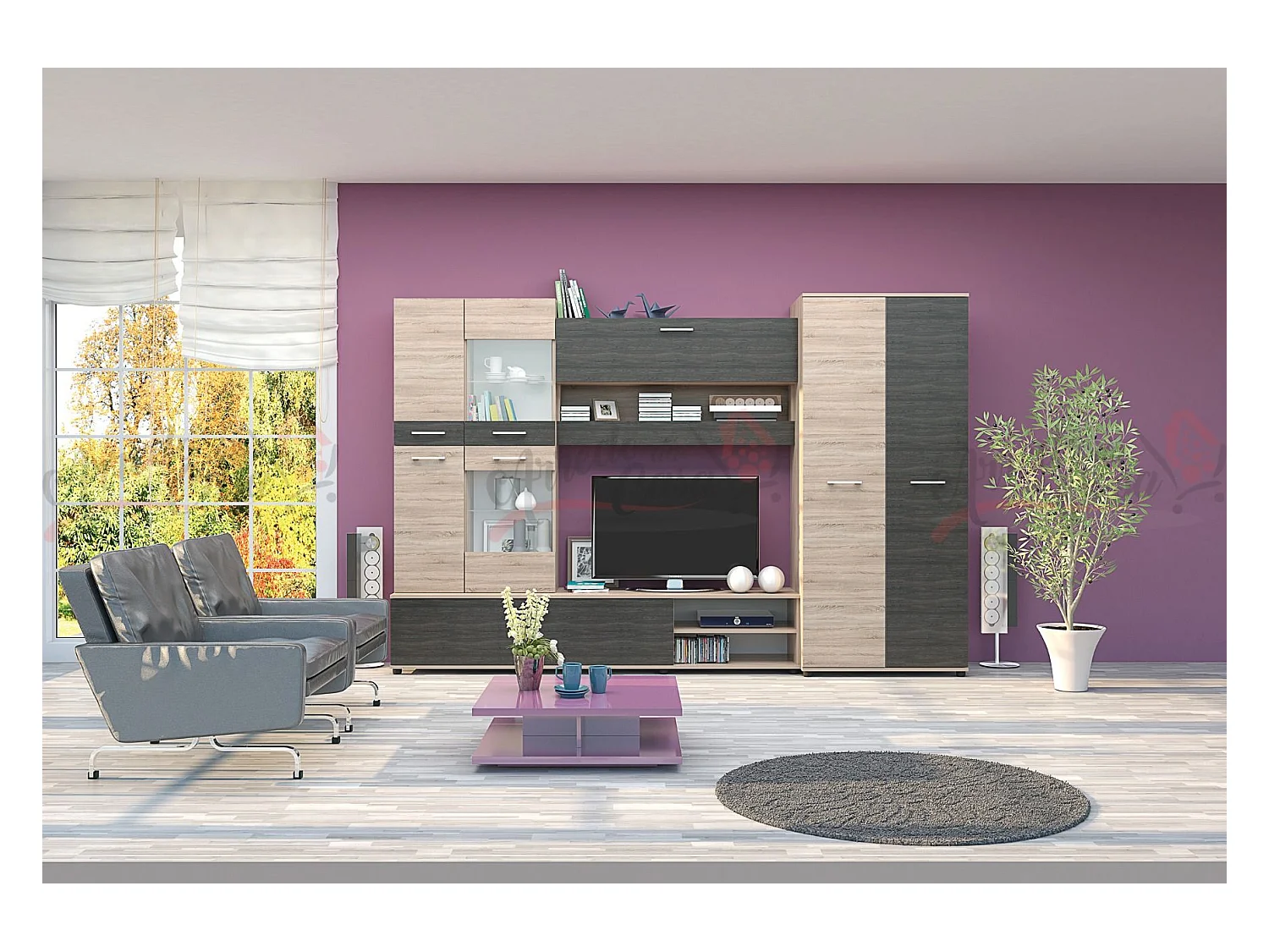 Parete attrezzata moderna con led rovere rovere sonoma/grigio carbone SG2