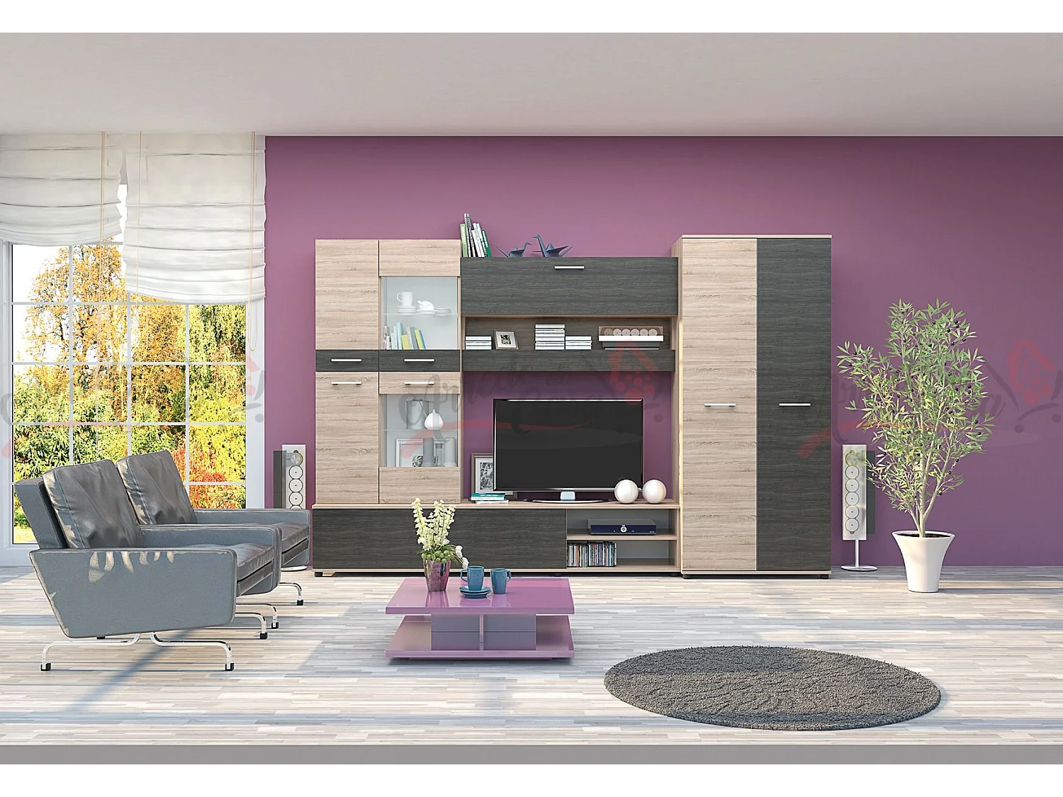 Parete attrezzata moderna con led rovere rovere sonoma/grigio carbone SG2