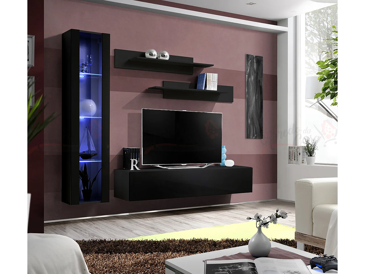 Parete attrezzata soggiorno con vetrina sospesa e led 210x190 nero PAP97