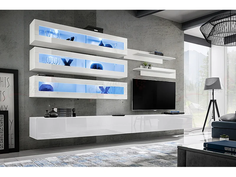 Parete attrezzata soggiorno sospesa con vetrine orizzontali con luci LED 320x170 bianco PAP106