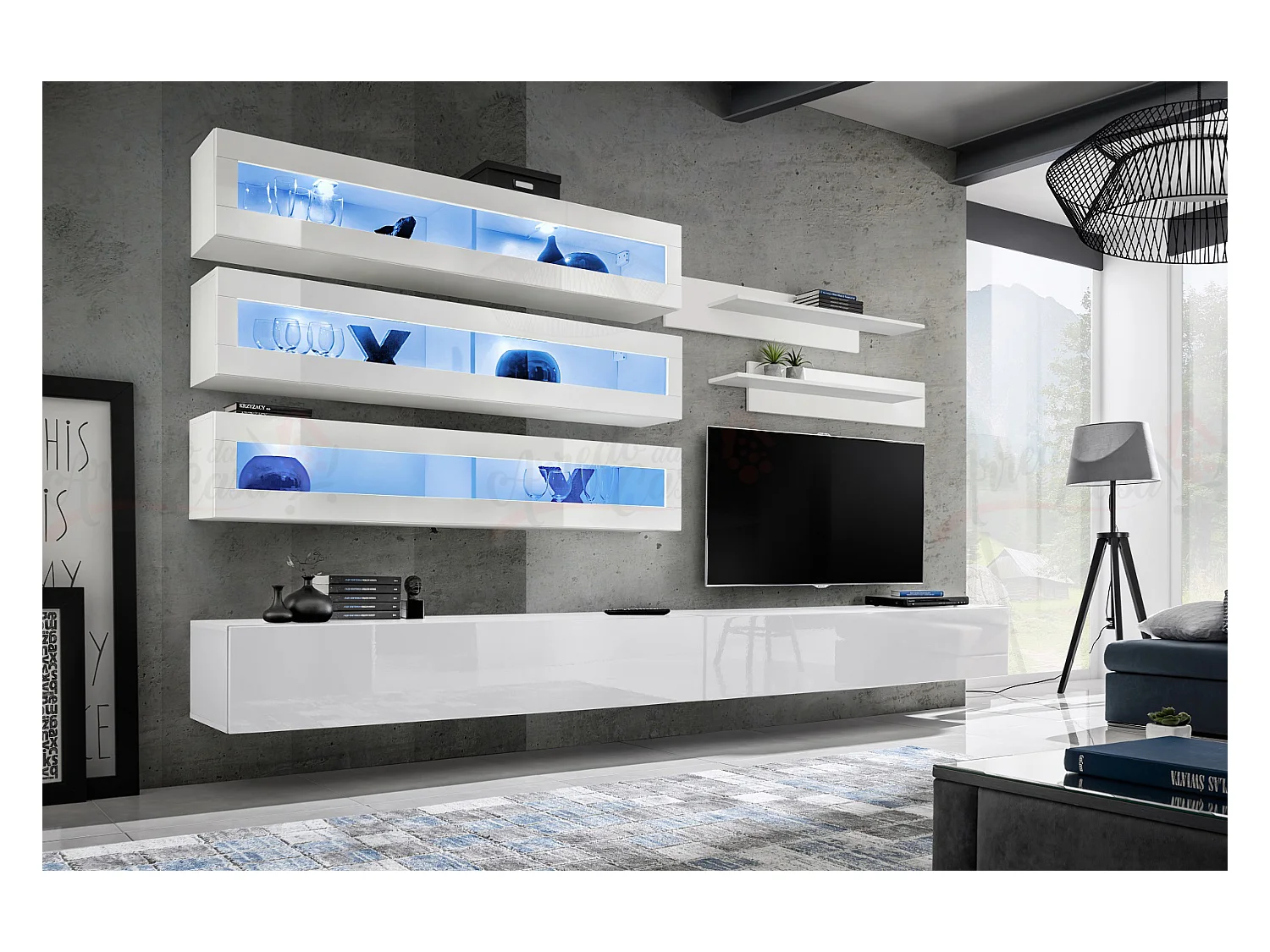 Parete attrezzata soggiorno sospesa con vetrine orizzontali con luci LED 320x170 bianco PAP106