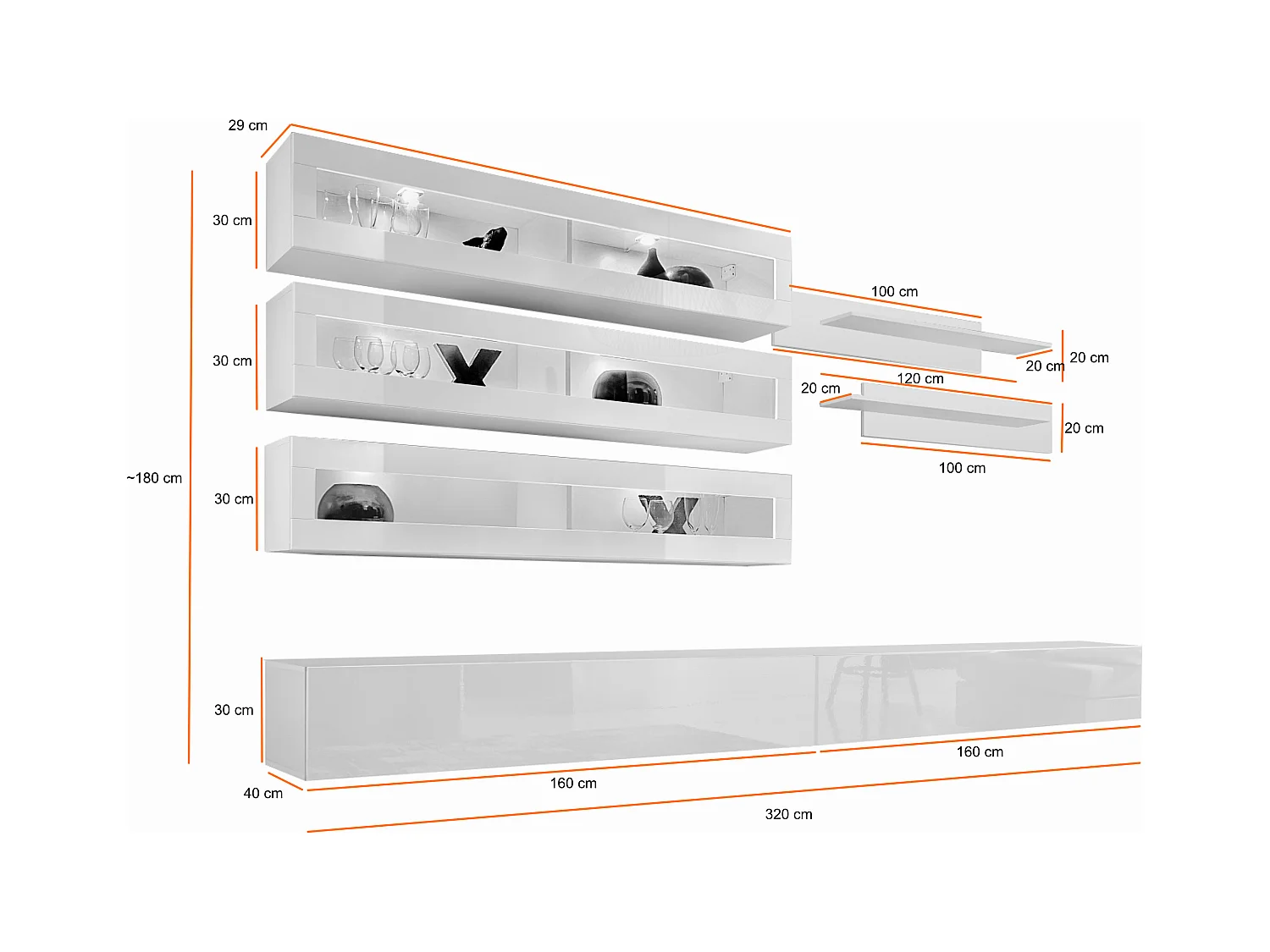 Parete attrezzata soggiorno sospesa con vetrine orizzontali con luci LED 320x170 bianco PAP106