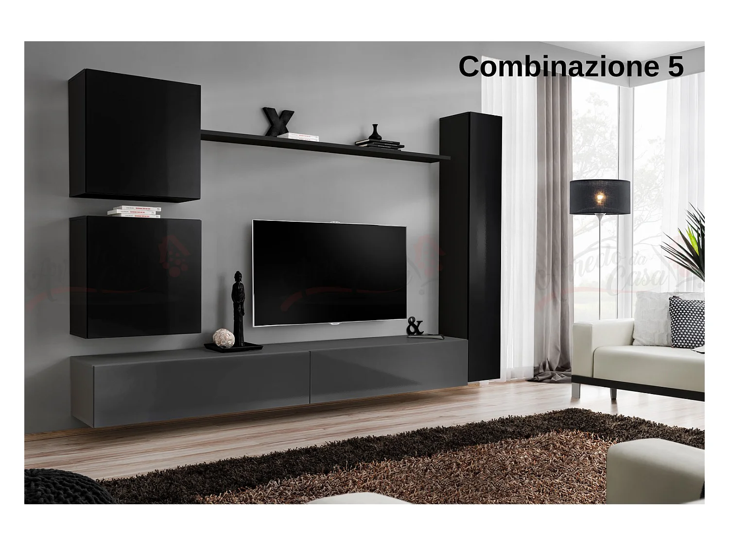 Parete attrezzata soggiorno design moderno PAP52 280x180 nero e grigio