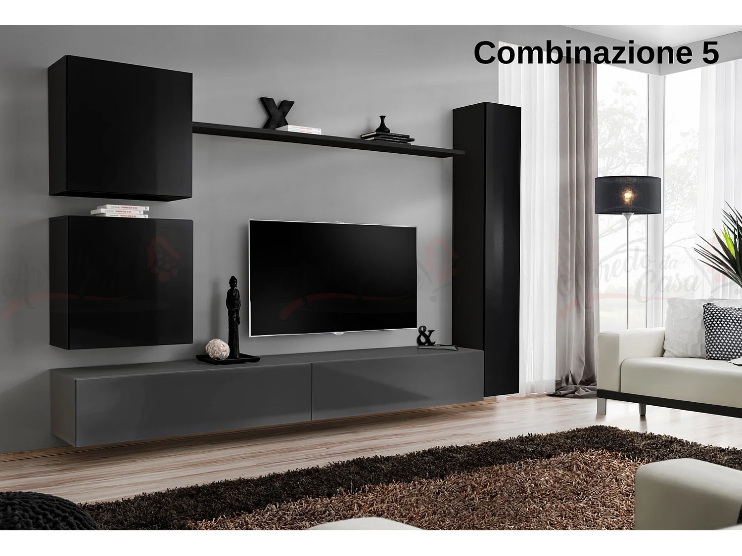 Parete attrezzata soggiorno design moderno PAP52 280x180 nero e grigio