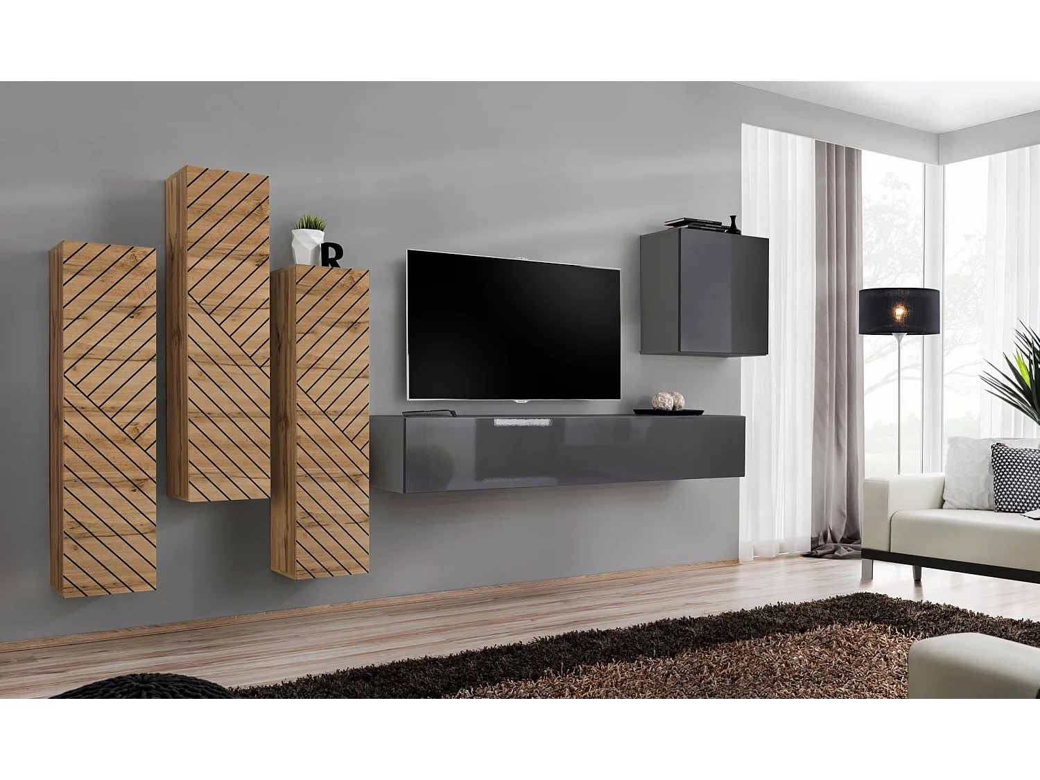 Parete attrezzata soggiorno sospesa PAP47 270x160 rovere e grigio