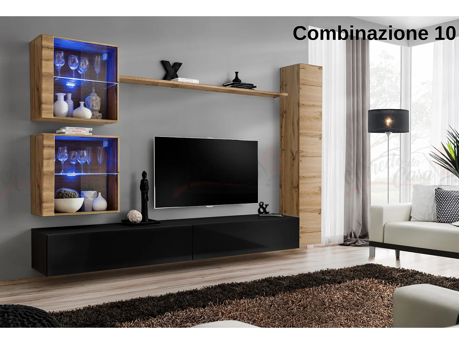 Parete attrezzata moderna per soggiorno con luci led 280x180 rovere e nero PAP62