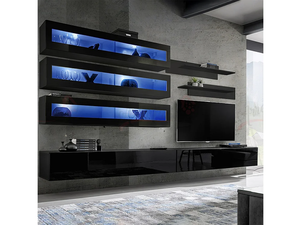 Parete attrezzata soggiorno sospesa con vetrine orizzontali con luci LED 320x170 nero PAP106