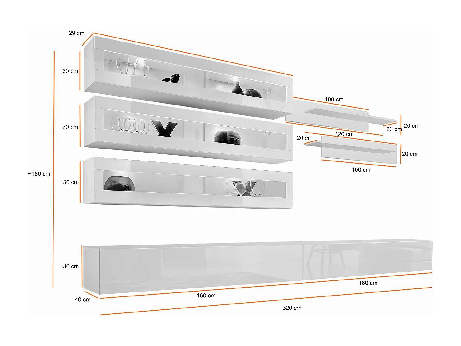 Parete attrezzata soggiorno sospesa con vetrine orizzontali con luci LED 320x170 nero PAP106