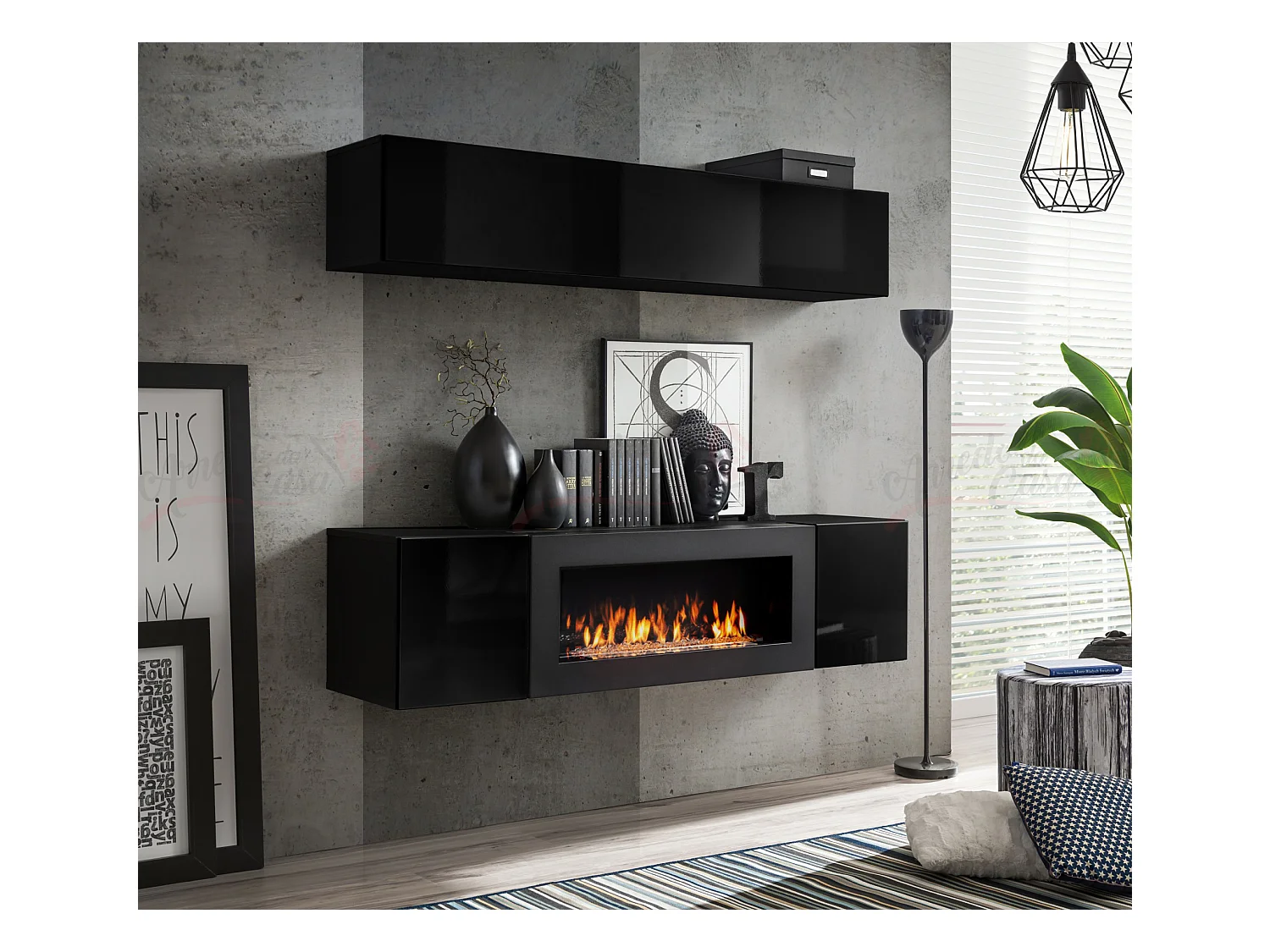Parete attrezzata soggiorno design moderno con biocamino orizzontale PAP111 160x150 nero