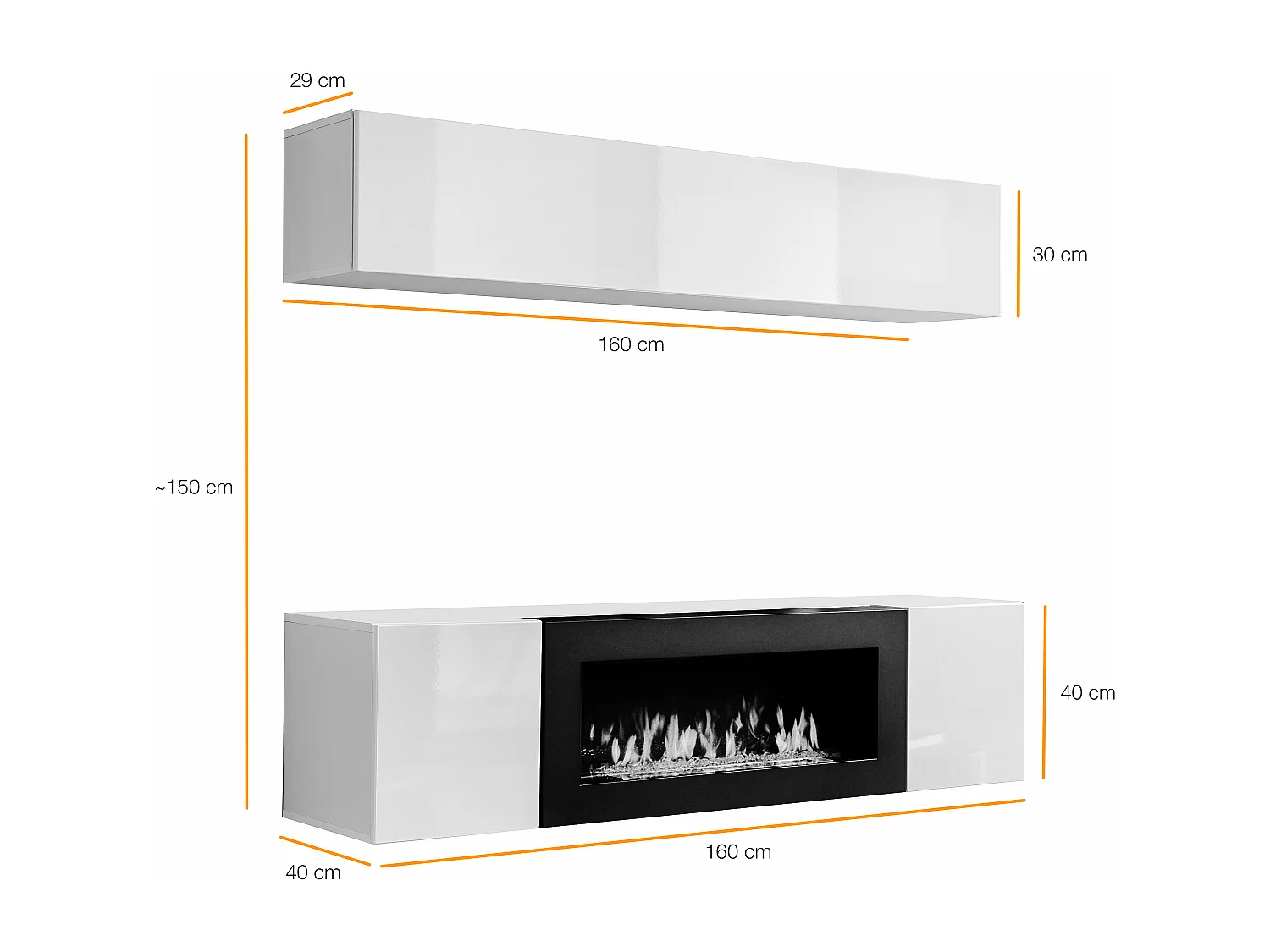 Parete attrezzata soggiorno design moderno con biocamino orizzontale PAP111 160x150 nero