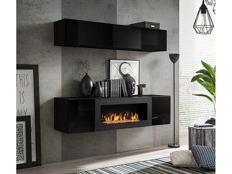 Parete attrezzata soggiorno design moderno con biocamino orizzontale PAP111 160x150 nero
