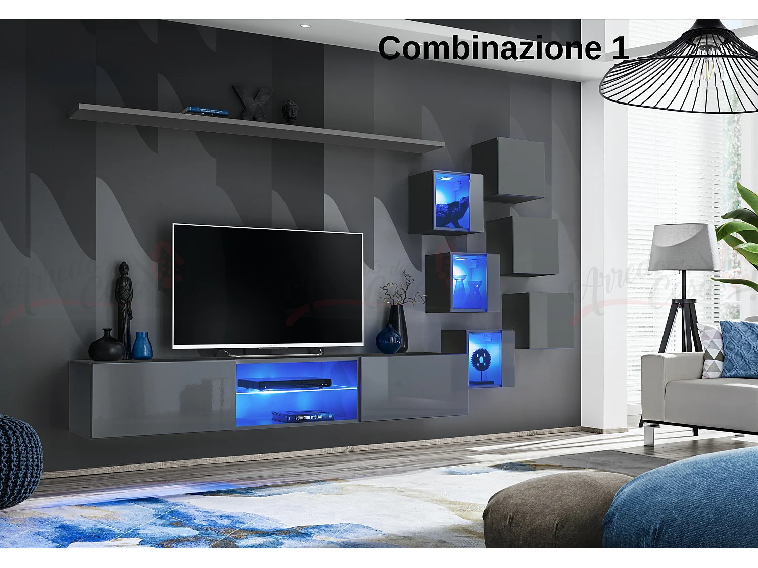 Parete attrezzata soggiorno con mobile TV sospeso 260x150 grigio PAP67