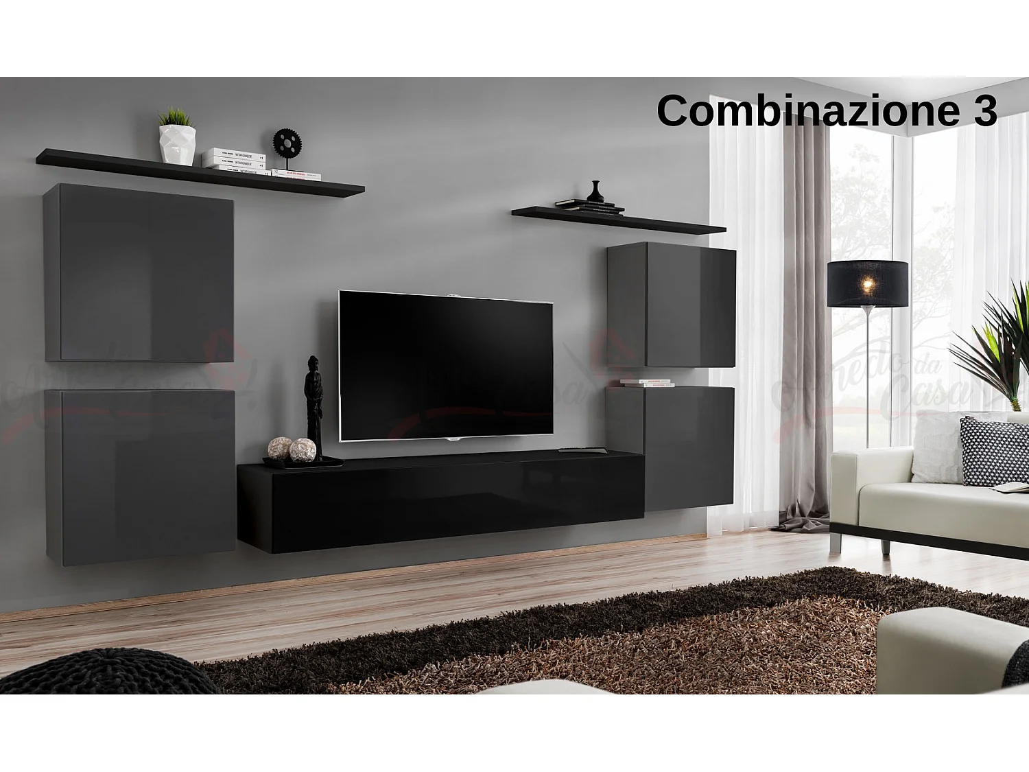 Parete attrezzata sospesa stile moderno PAP48 320x150 grigio e nero