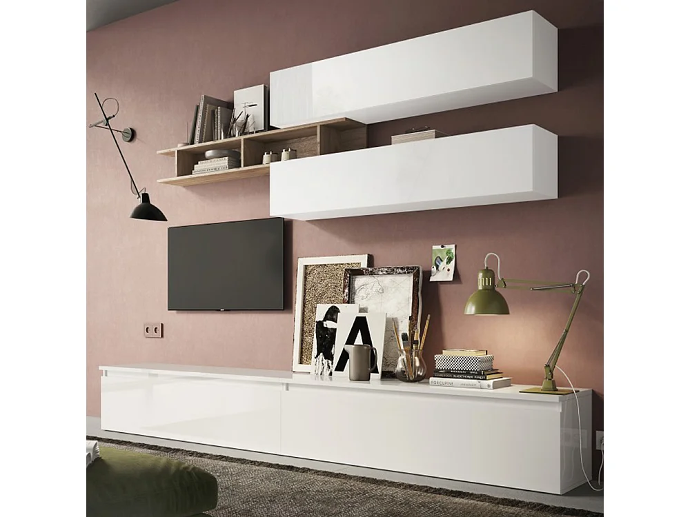 Parete attrezzata moderna 276x190 cm bianco lucido e rovere PAL29