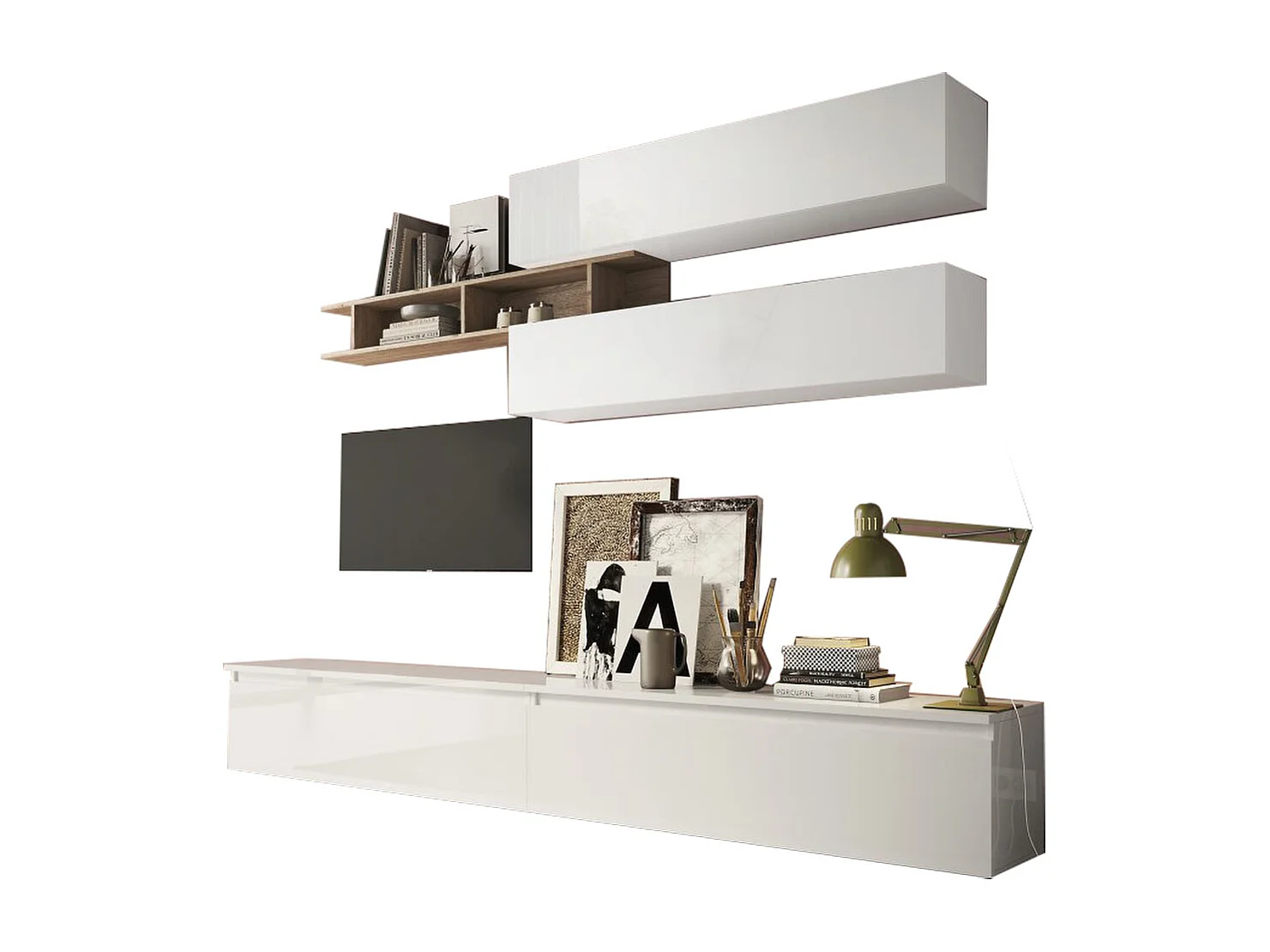 Parete attrezzata moderna 276x190 cm bianco lucido e rovere PAL29