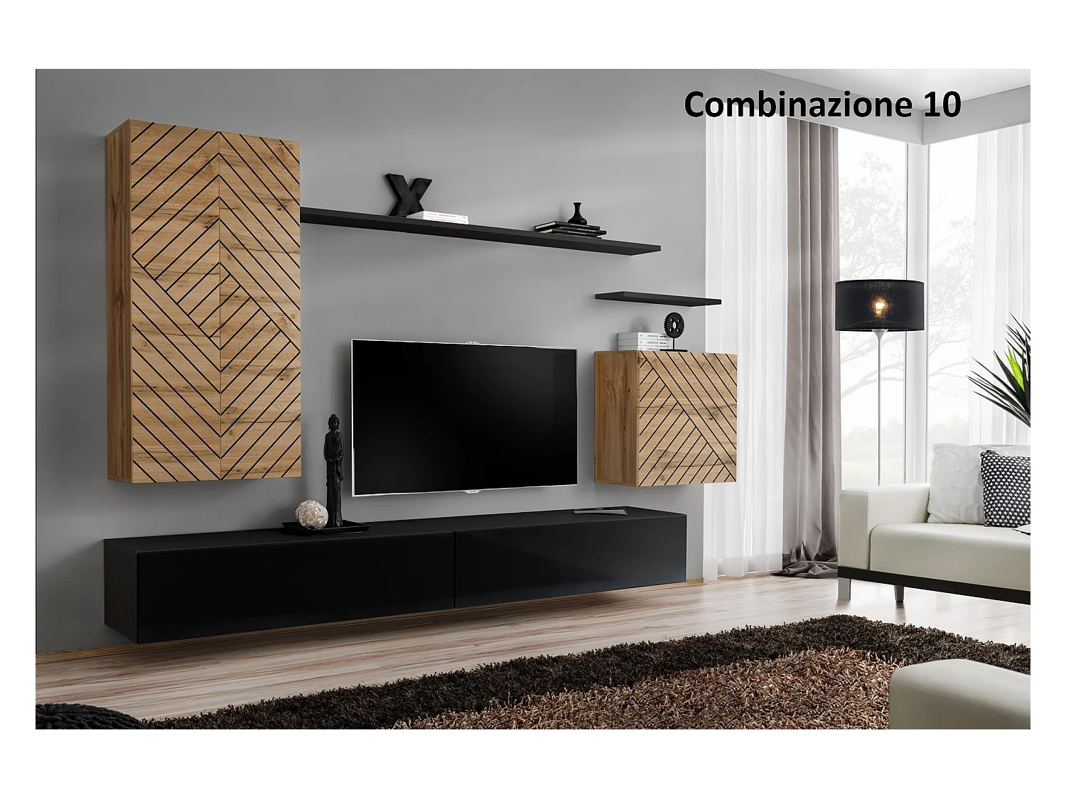 Parete attrezzata sospesa design moderno PAP46 270x160 rovere e nero