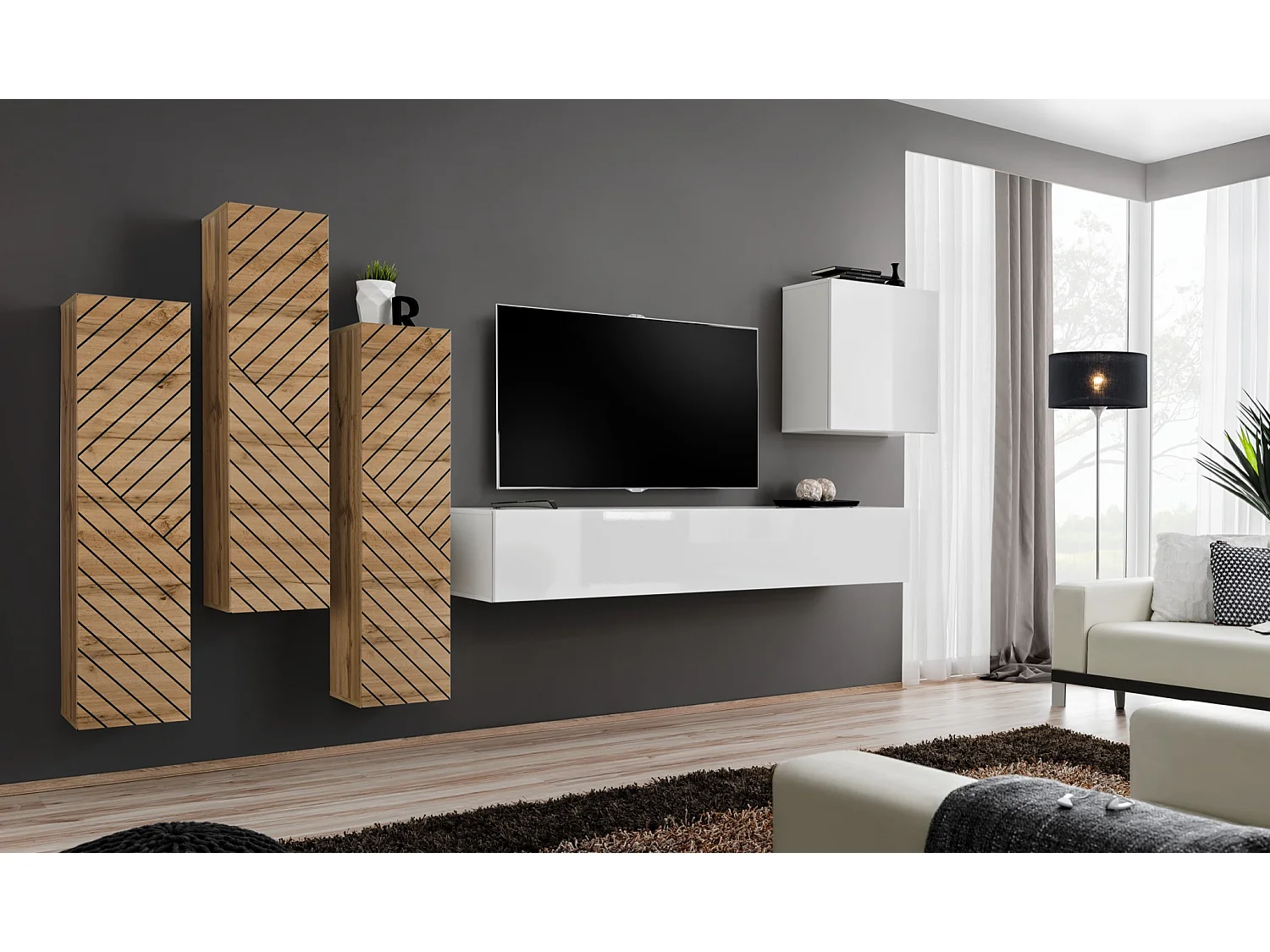 Parete attrezzata soggiorno sospesa PAP47 270x160 rovere e bianco