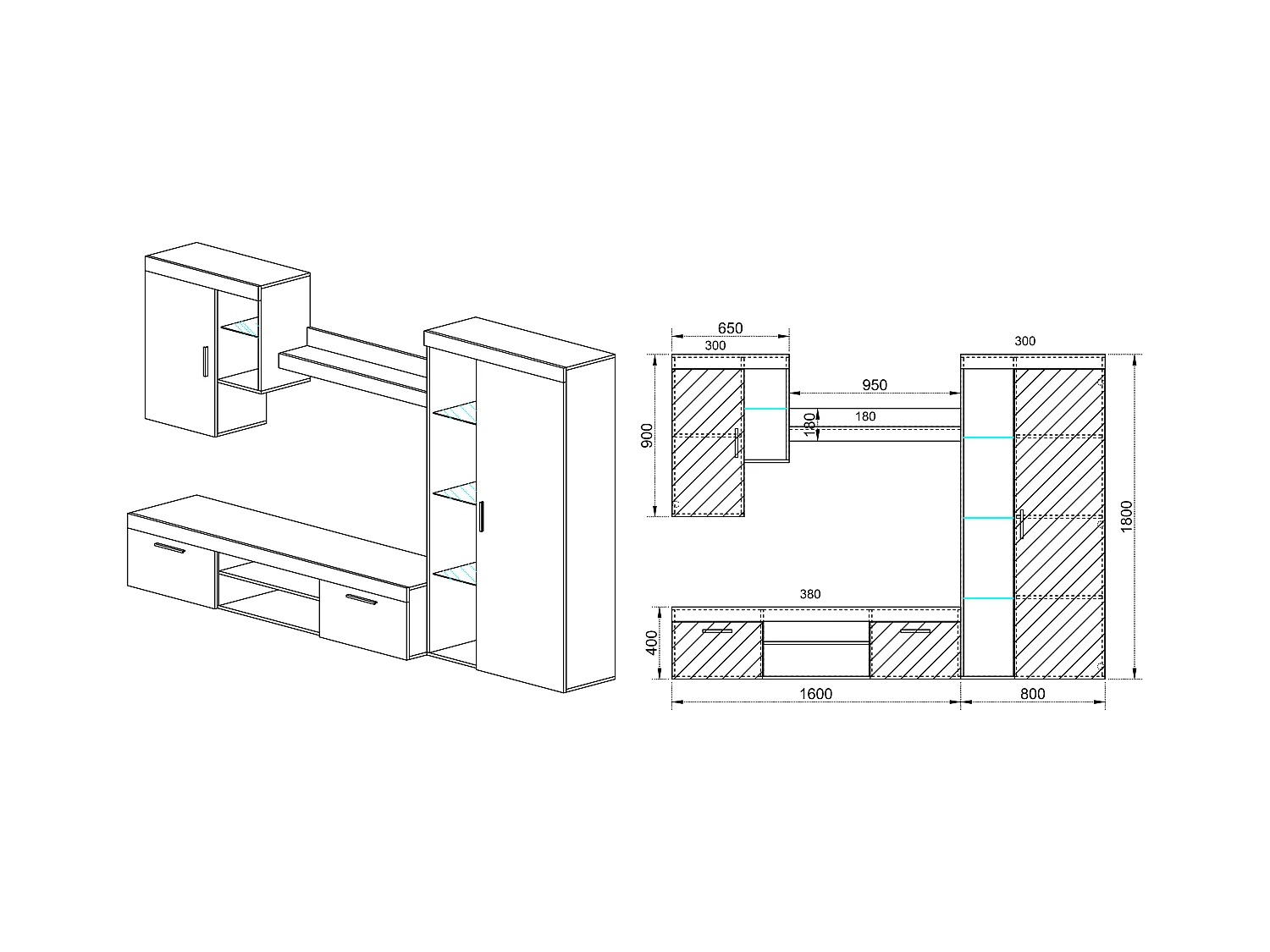 Parete attrezzata per salotto porta TV PAI1 240x180 bianco lucido