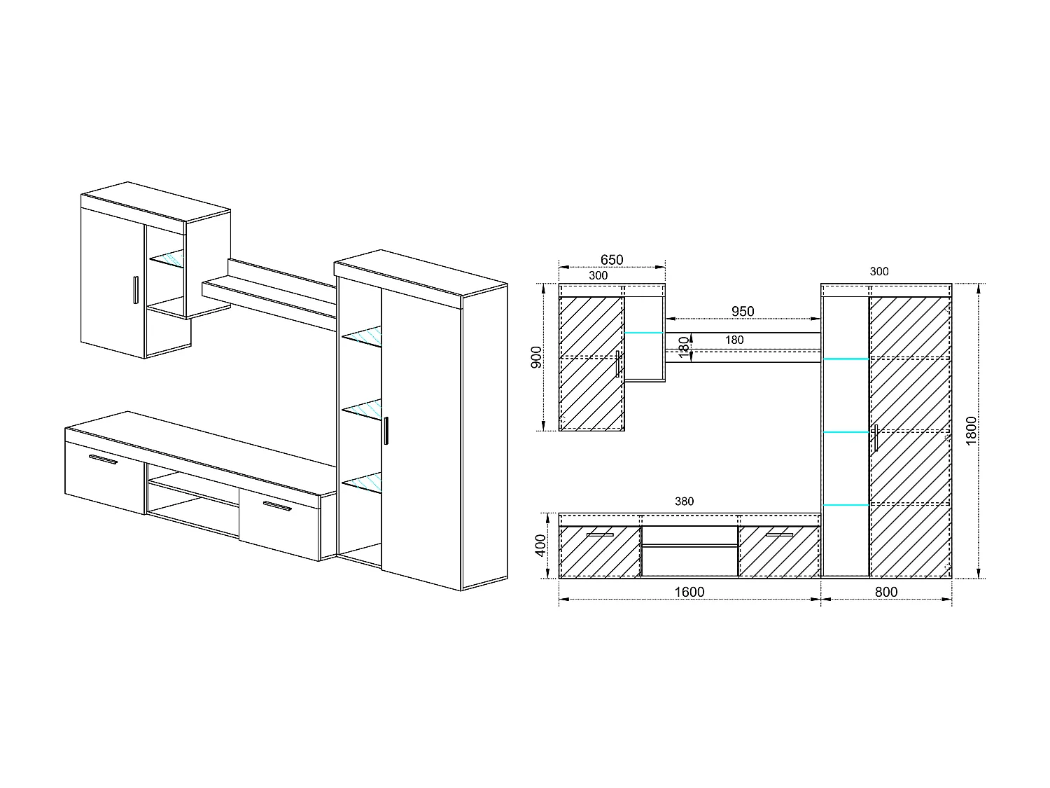 Parete attrezzata per salotto porta TV PAI1 240x180 bianco lucido
