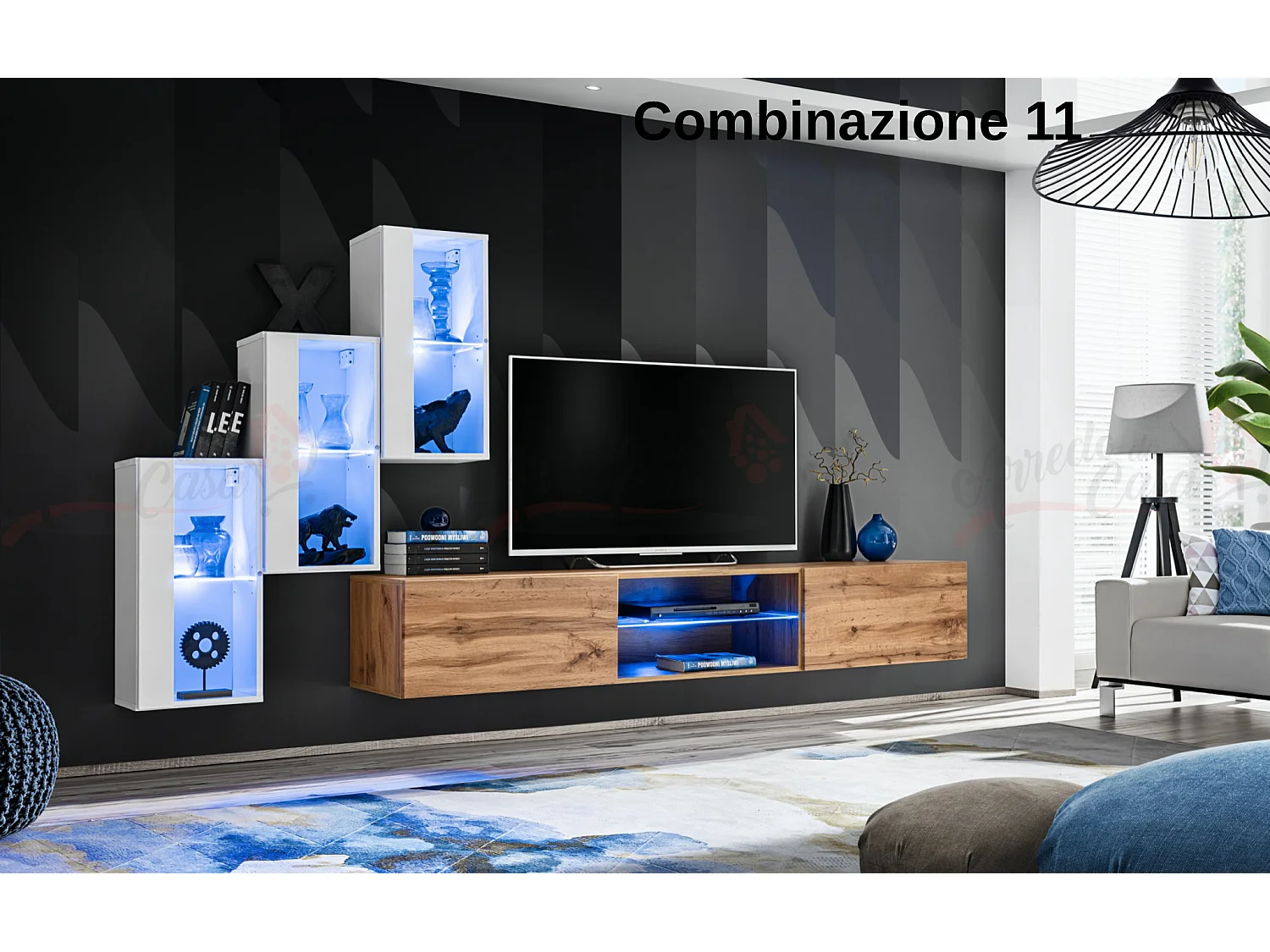Parete attrezzata soggiorno moderna mobile TV sospeso 240x170 bianco e rovere PAP68