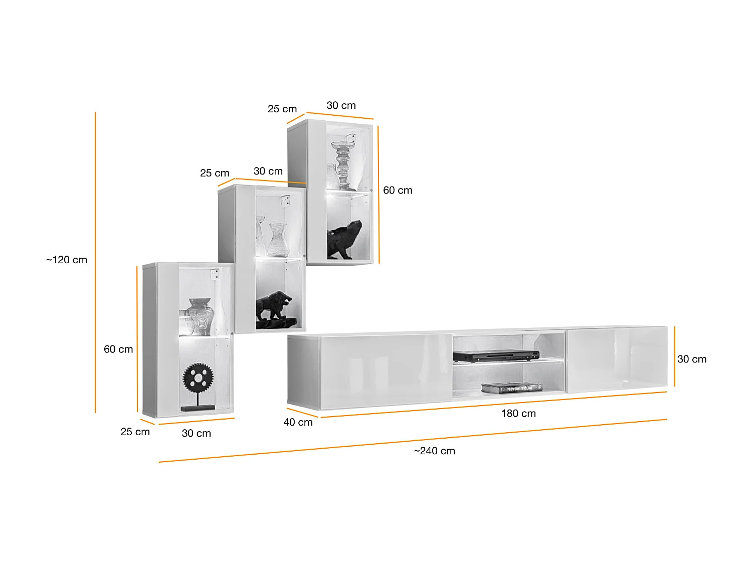 Parete attrezzata soggiorno moderna mobile TV sospeso 240x170 bianco e rovere PAP68