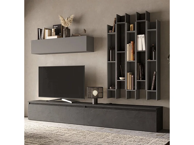 Parete attrezzata con libreria 276x200 cm grigio e piombo PAL38