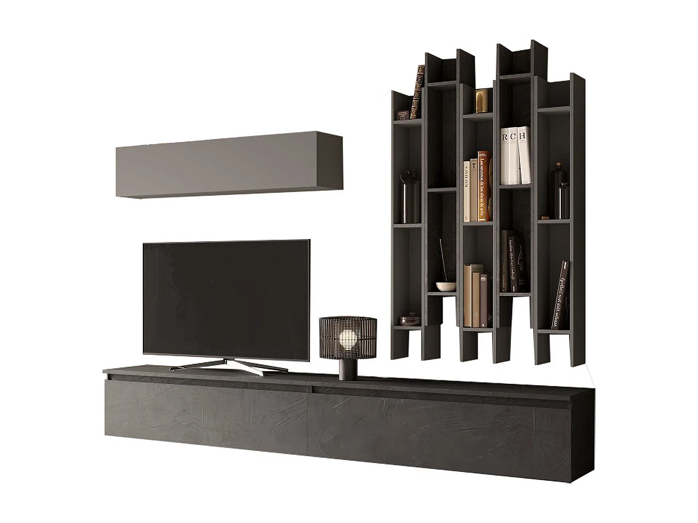 Parete attrezzata con libreria 276x200 cm grigio e piombo PAL38