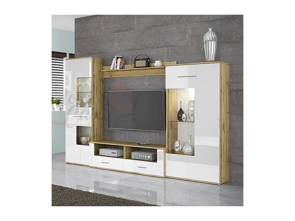 Parete attrezzata moderna da soggiorno con led SILS 280x184 bianco lucido e rovere