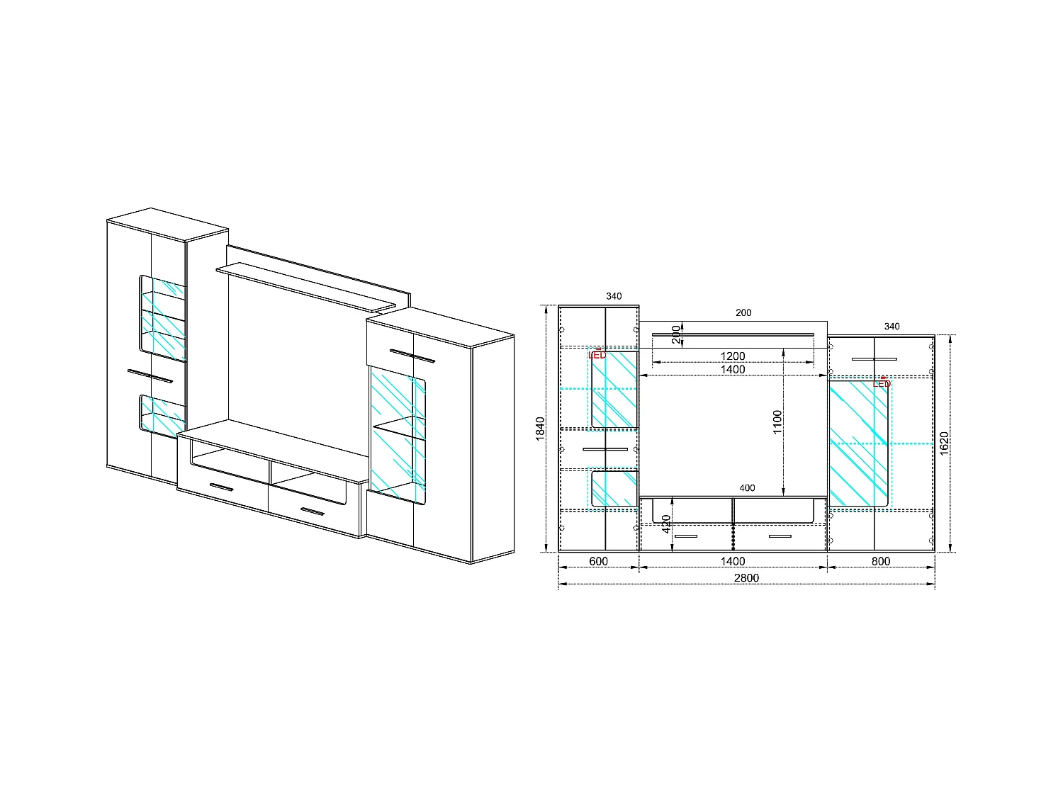 Parete attrezzata moderna da soggiorno con led SILS 280x184 bianco lucido e rovere