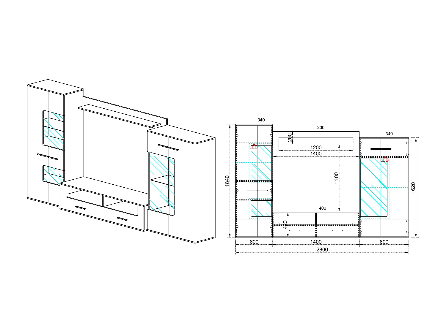 Parete attrezzata moderna da soggiorno con led SILS 280x184 bianco lucido e rovere