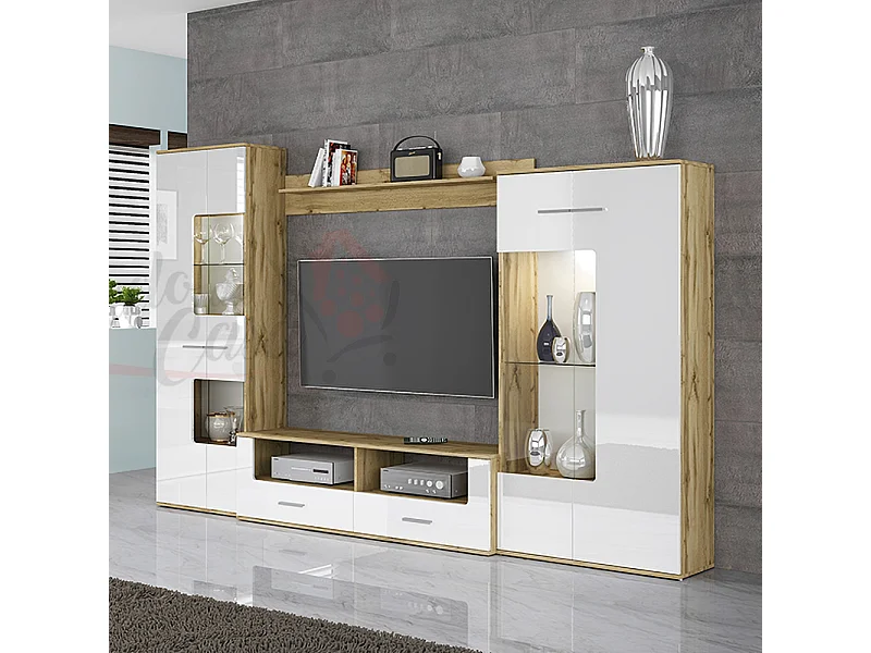 Parete attrezzata moderna da soggiorno con led SILS 280x184 bianco lucido e rovere