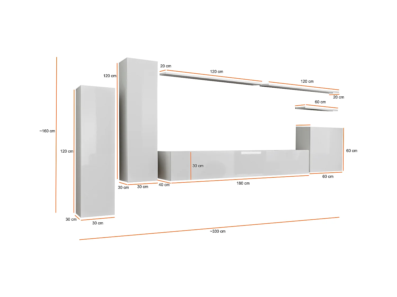 Parete attrezzata moderna sospesa PAP45 330x160 rovere e bianco