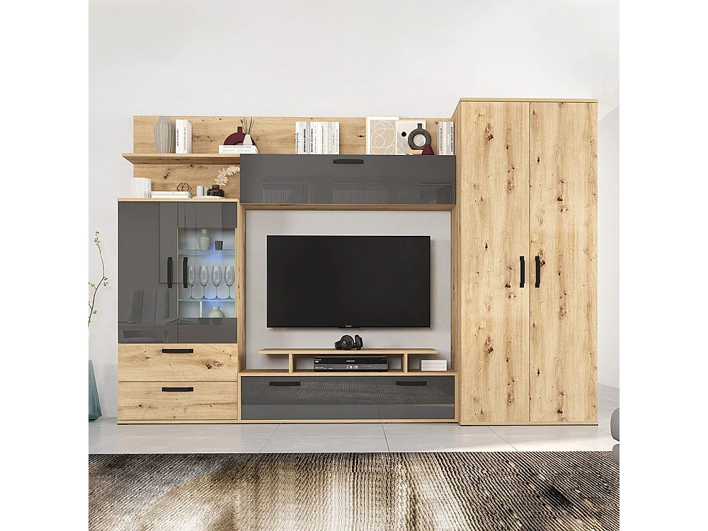 Parete attrezzata in stile scandinavo Rovere Naturale e Grigio Lucido SG13