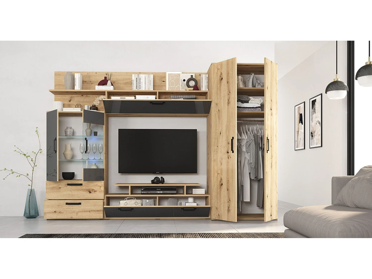 Parete attrezzata in stile scandinavo Rovere Naturale e Grigio Lucido SG13