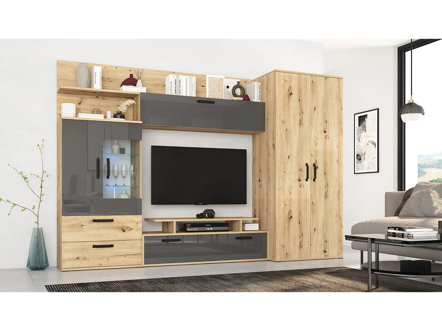 Parete attrezzata in stile scandinavo Rovere Naturale e Grigio Lucido SG13