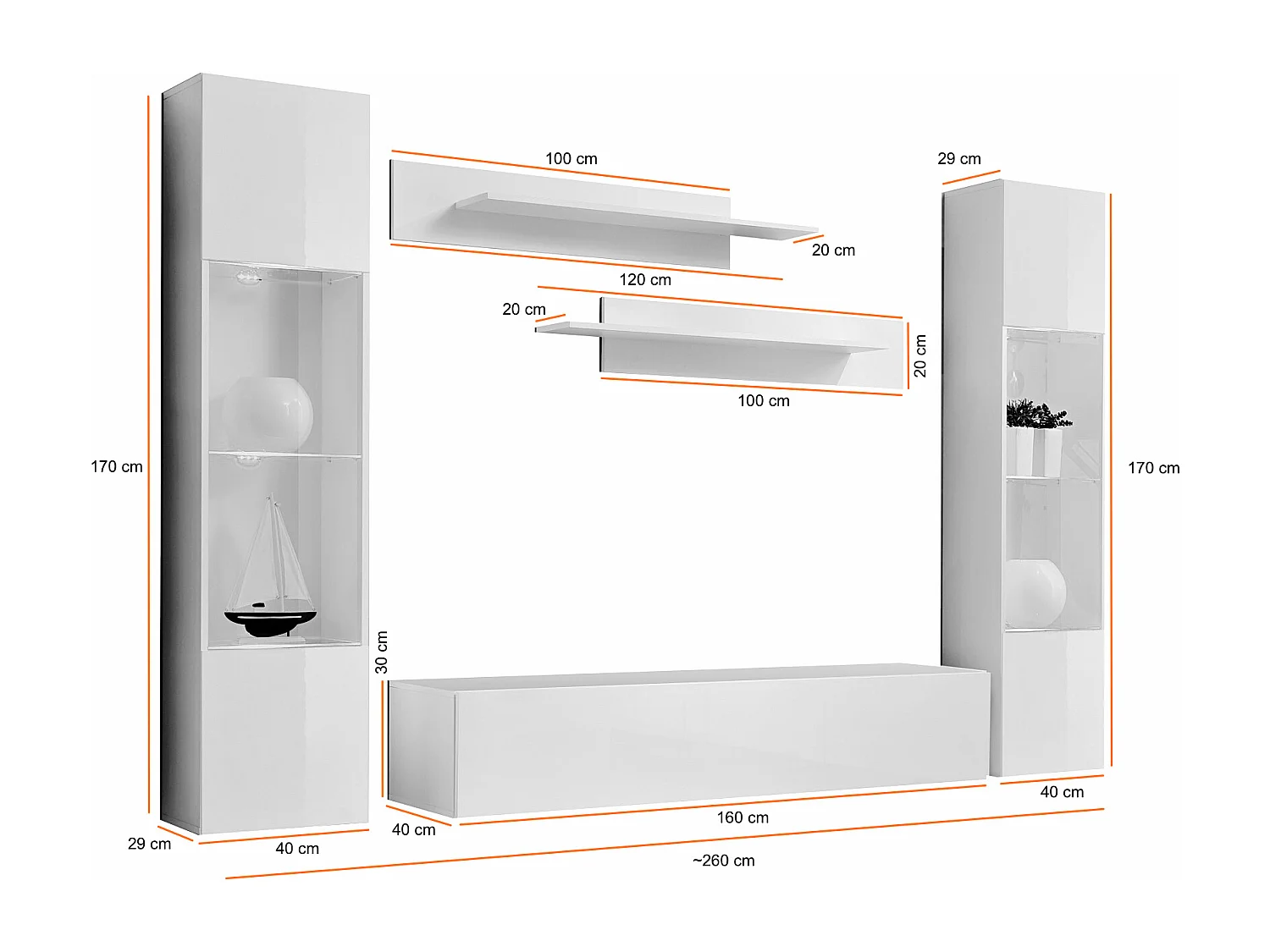 Parete attrezzata moderna per soggiorno completa 260x190 bianco PAP83