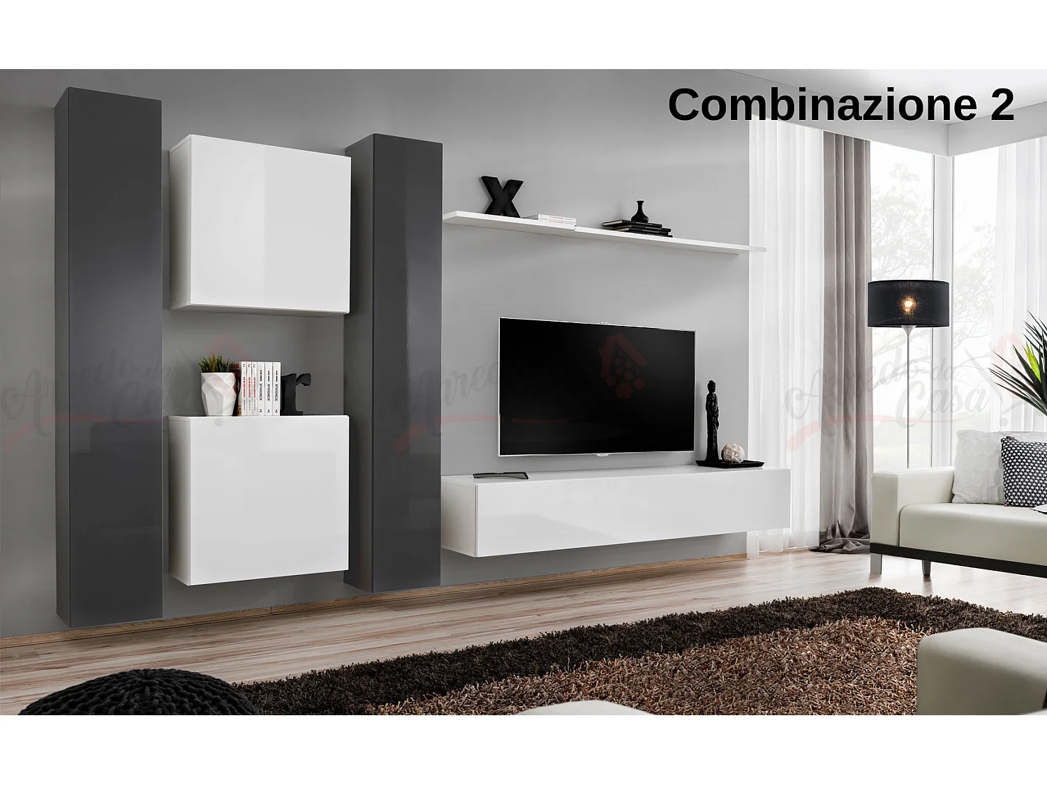 Parete attrezzata moderna sospesa 330x180 grigio e bianco PAP50