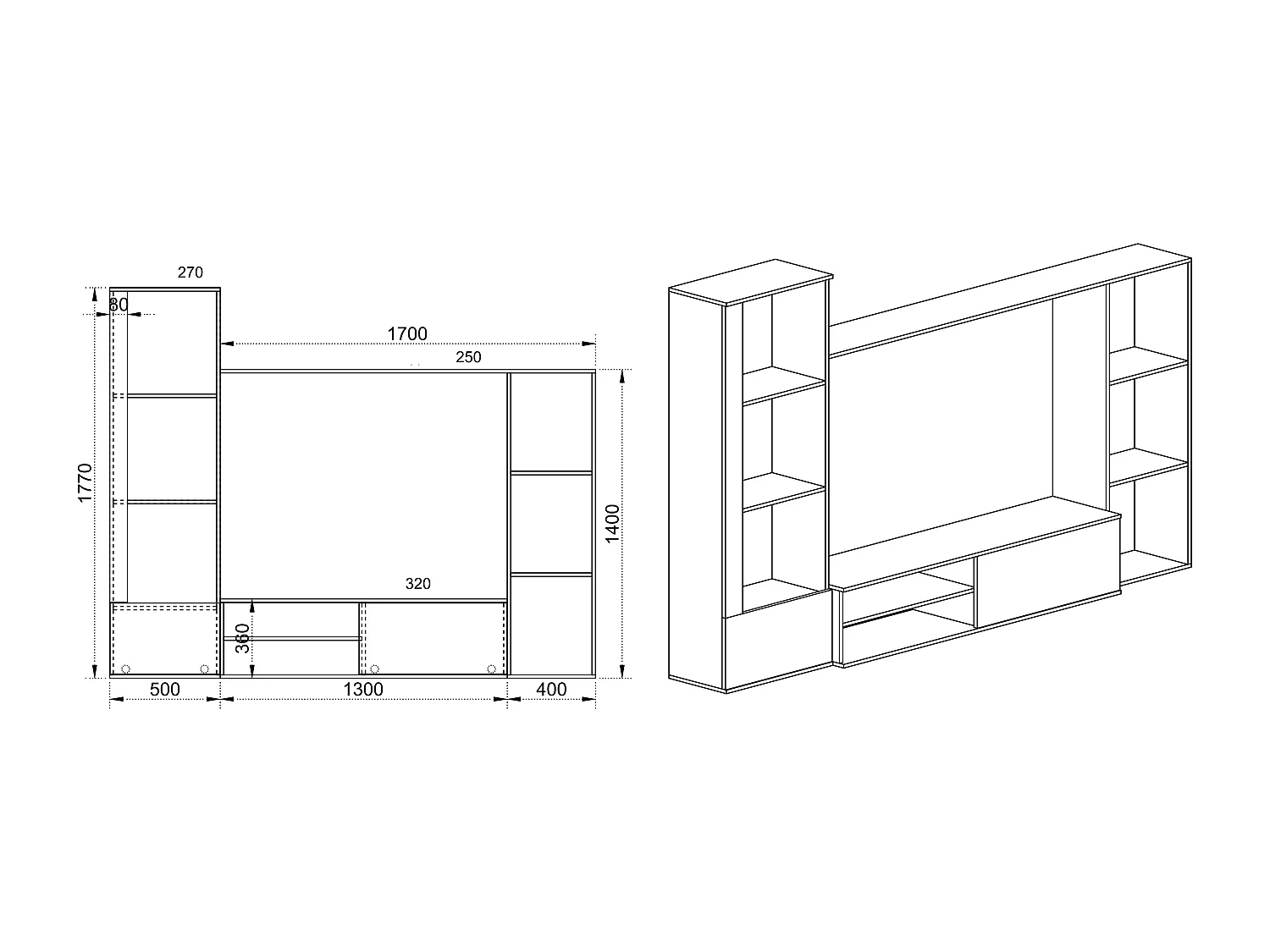 Parete attrezzata design moderno con piani a vista PAI6038 220x177 rovere chiaro