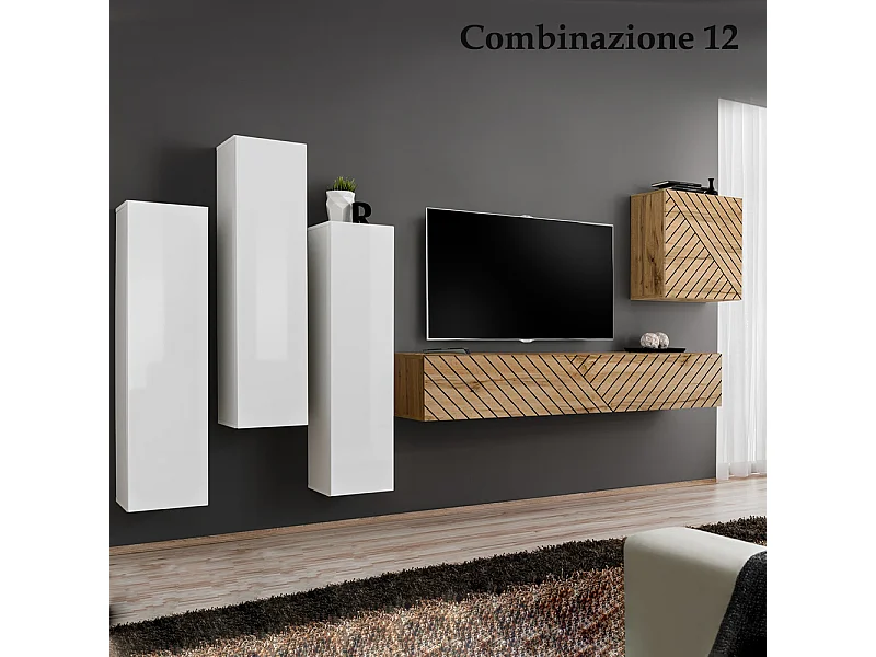 Parete attrezzata soggiorno sospesa PAP47 270x160 bianco e rovere