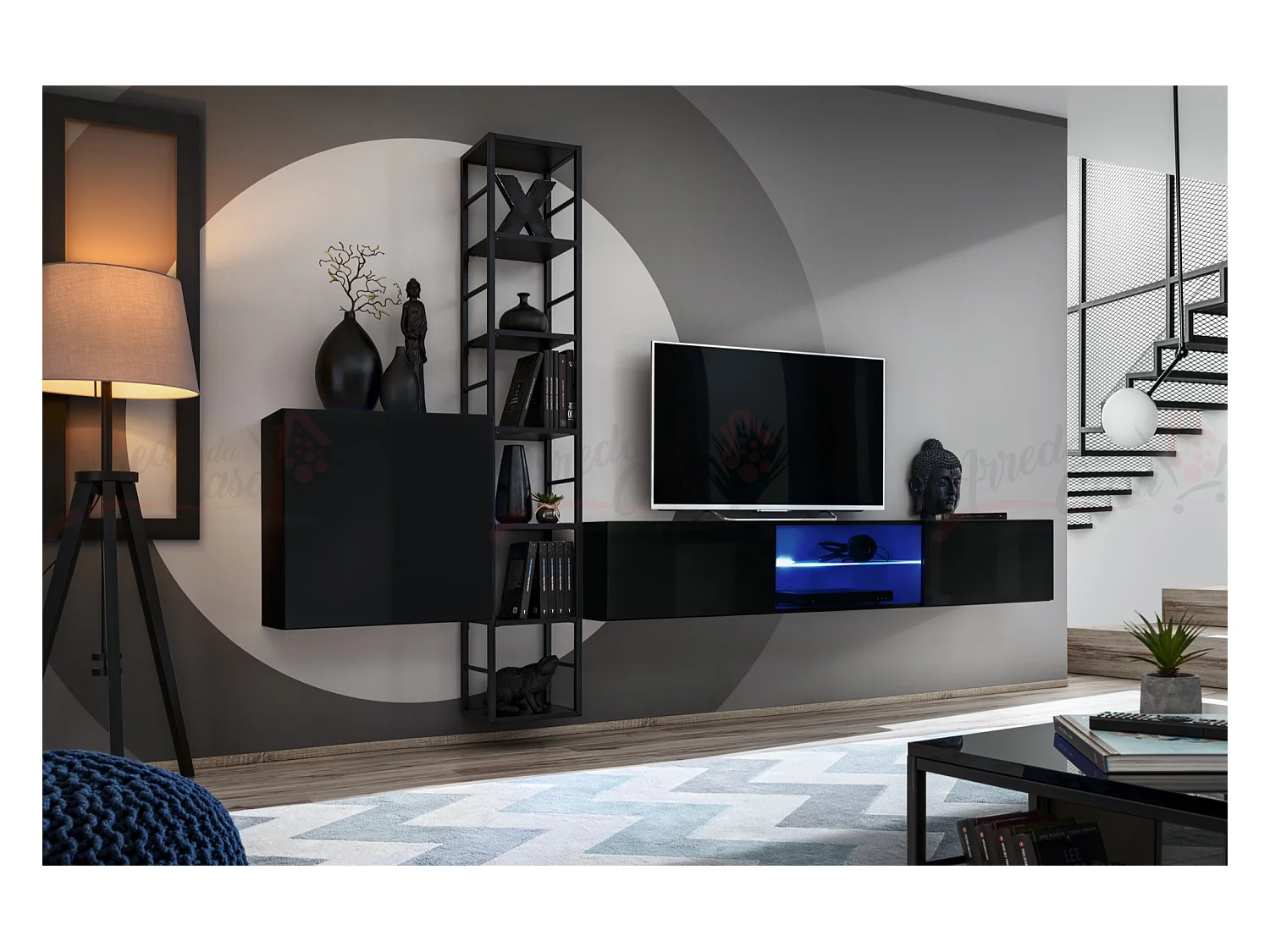 Parete attrezzata con led e scaffale in metallo 270x176 nero PAP78