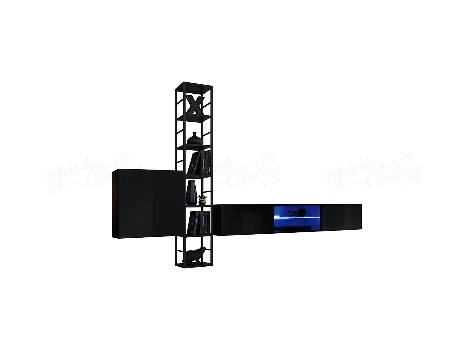 Parete attrezzata con led e scaffale in metallo 270x176 nero PAP78
