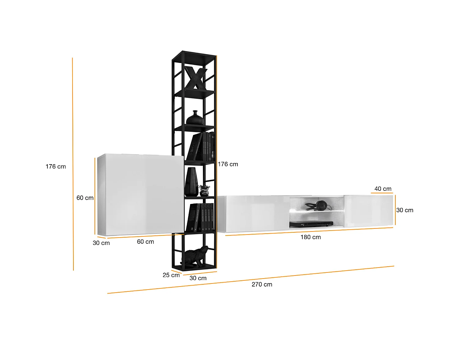 Parete attrezzata con led e scaffale in metallo 270x176 nero PAP78