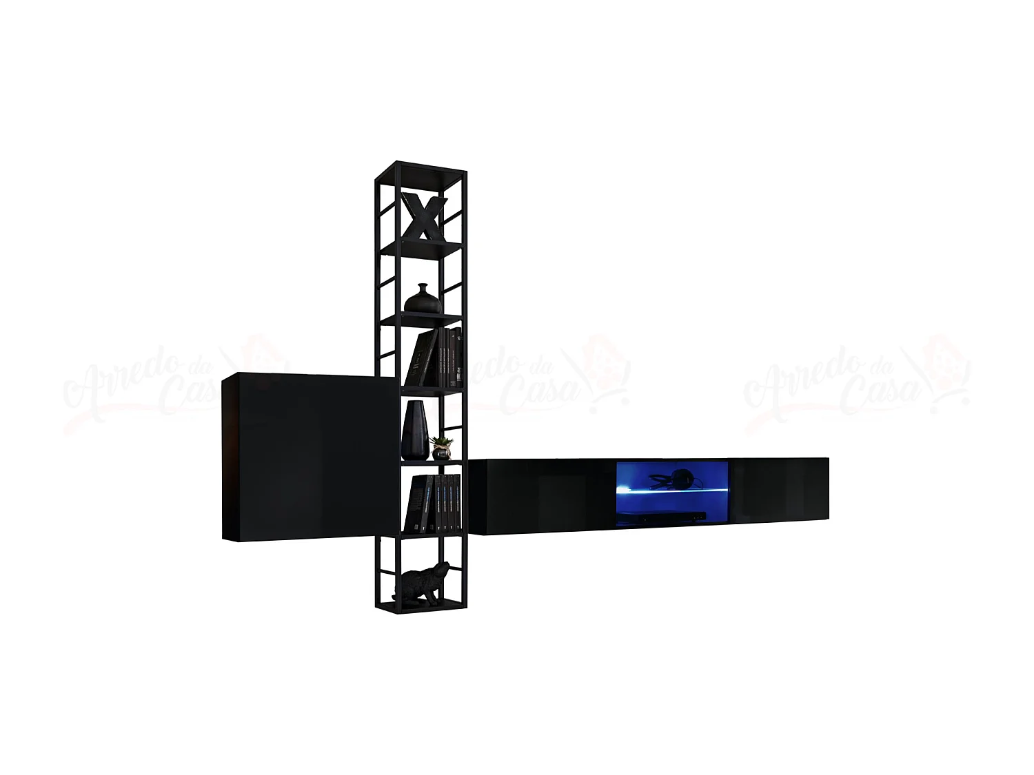Parete attrezzata con led e scaffale in metallo 270x176 nero PAP78
