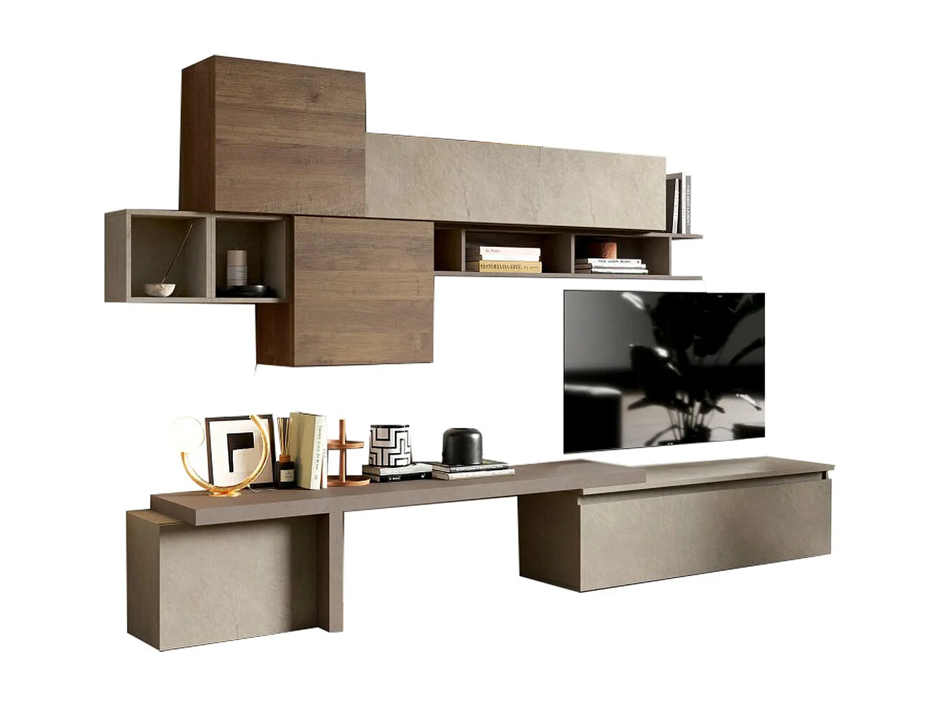 Parete attrezzata con vani e giorno 330x210 cm argilla/bronzo/noce PAL36