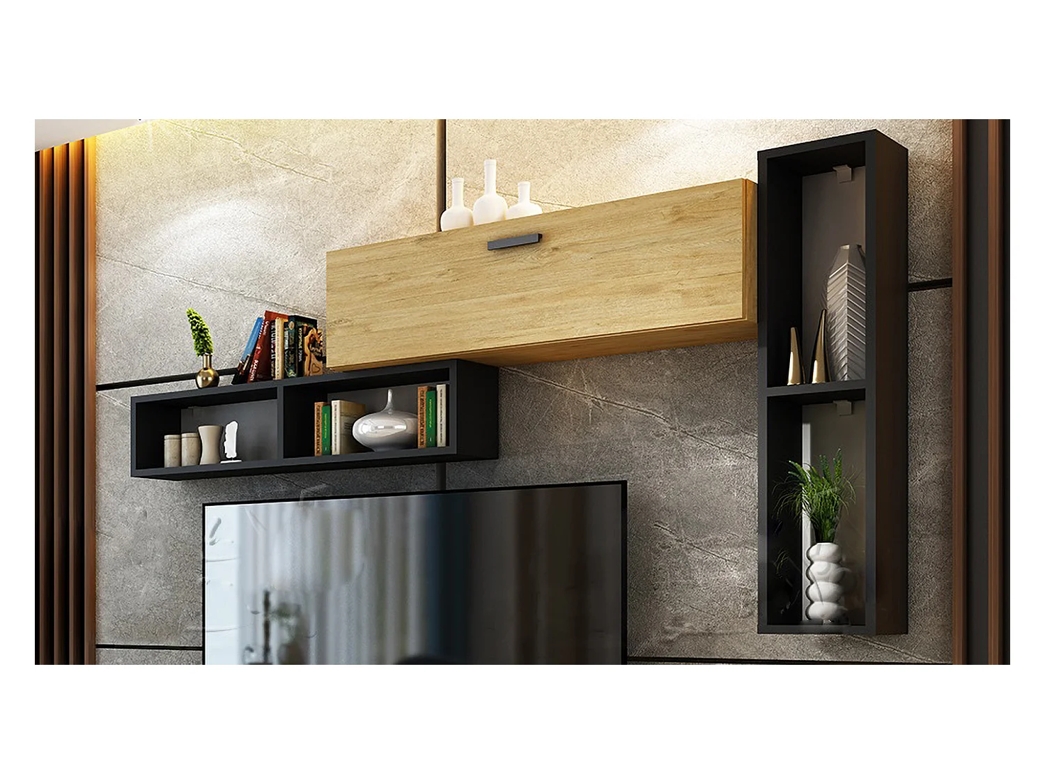 Parete attrezzata a terra quercia e nero SU39