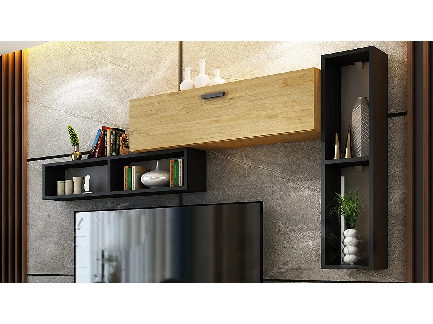 Parete attrezzata a terra quercia e nero SU39