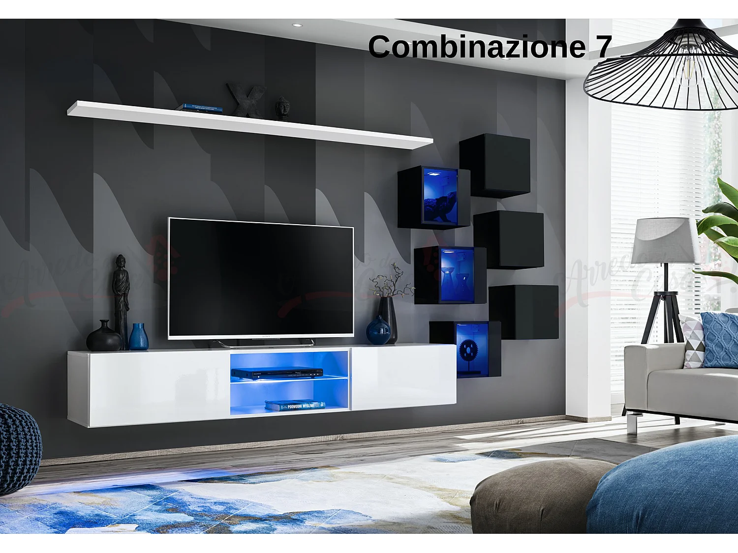 Parete attrezzata soggiorno con mobile TV sospeso 260x150 bianco e nero PAP67