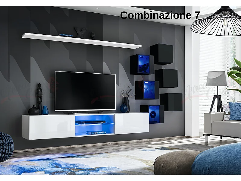Parete attrezzata soggiorno con mobile TV sospeso 260x150 bianco e nero PAP67